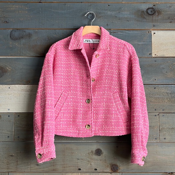 Zara Jackets & Blazers - Zara Sequined Tweed Overshirt Blazer Jacket Shacket Pink Gold S NWOT